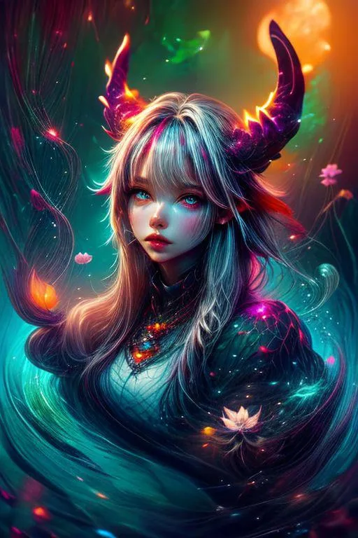 Fantasy demon girl with glowing horns in vibrant colors and ethereal background, AI generated using Stable Diffusion.