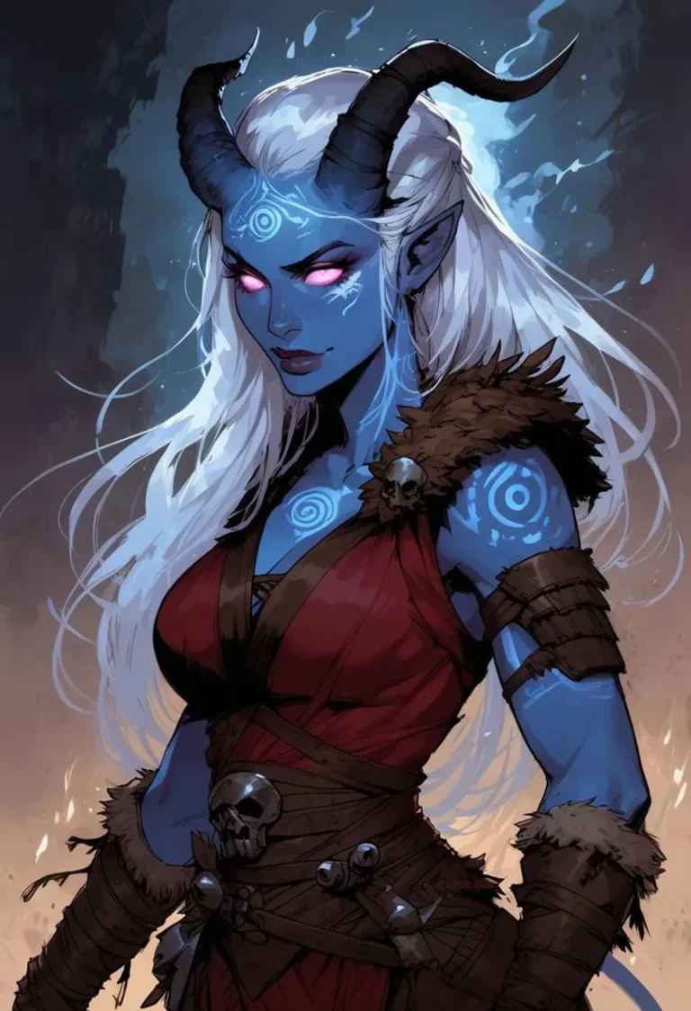 A fantasy demon woman with blue skin, glowing pink eyes, and horns, created using Stable Diffusion AI tool. She has long white hair and is dressed in a leather and fur outfit adorned with skulls.