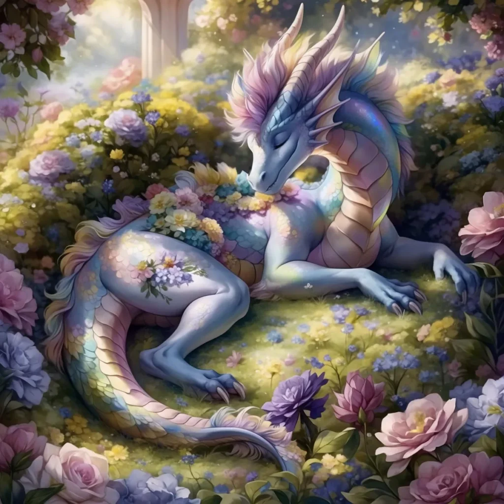 AI generated image using Stable Diffusion of a fantasy dragon sleeping in a vibrant floral garden.