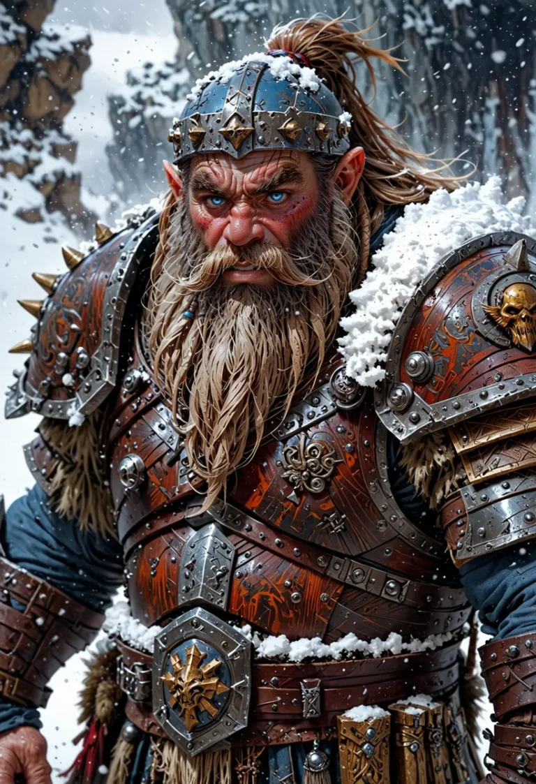 Fantasy dwarf warrior with a thick beard and medieval armor in snowy mountains. AI generated using Stable Diffusion.