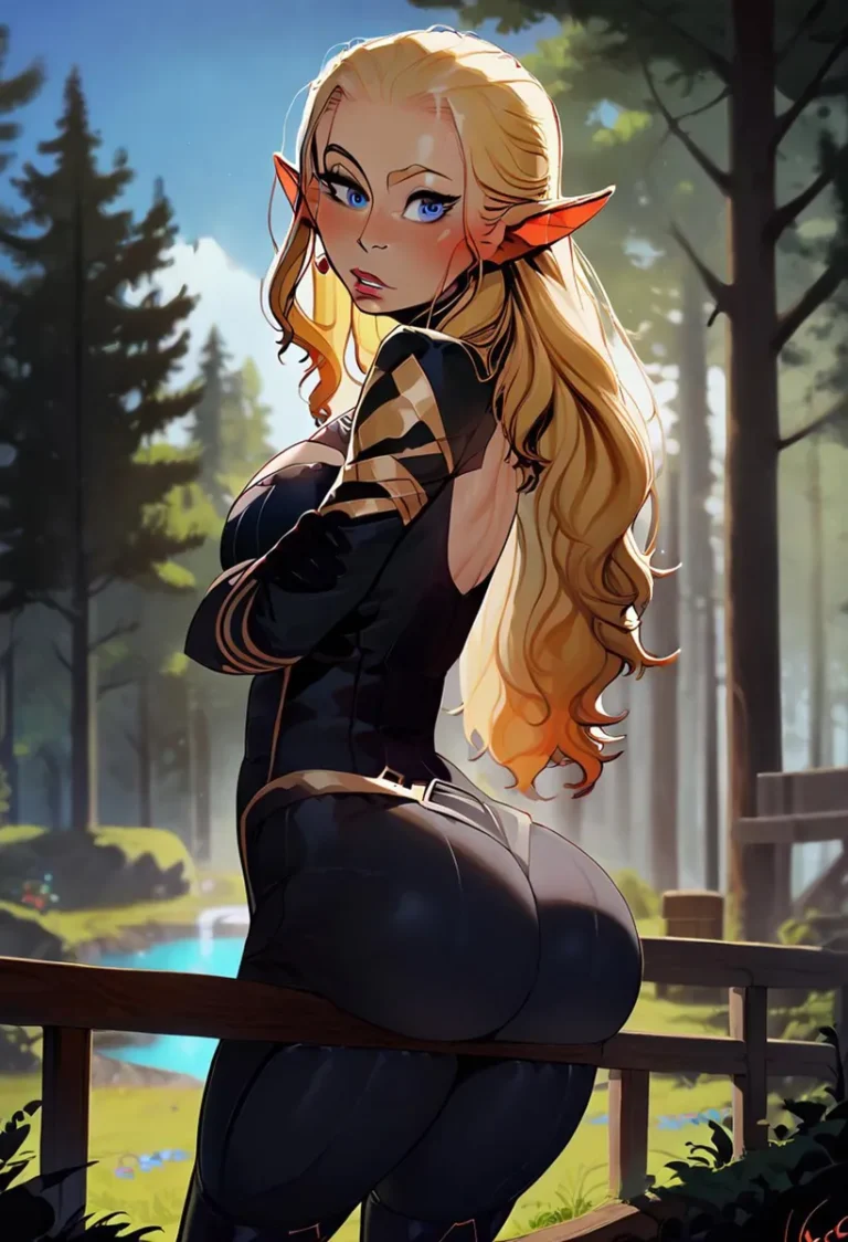 Fantasy elf woman with long blond hair and pointed ears in an anime style, generated using Stable Diffusion AI.