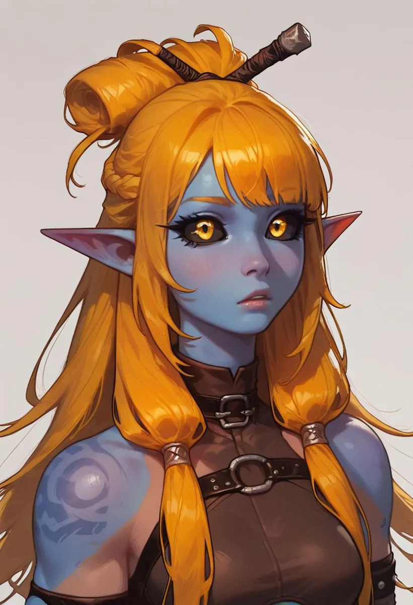 A fantasy elf girl with blue skin, long golden hair, and pointed ears, created using Stable Diffusion AI.