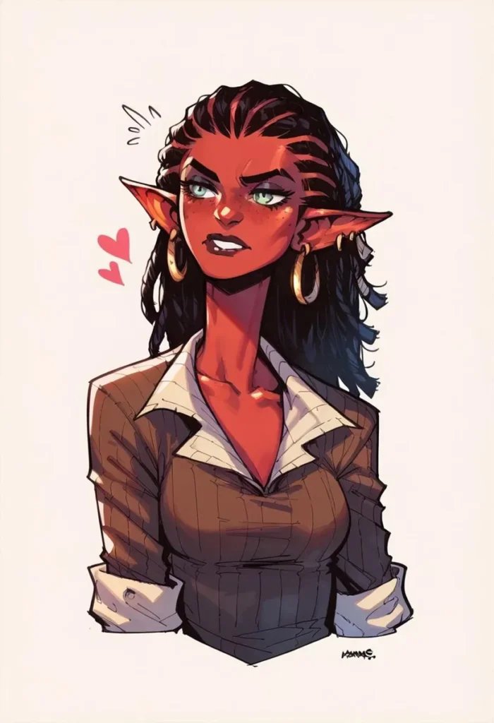 A comic-style portrait of a fantasy elf woman with red skin, elegant earrings, and a determined expression, AI-generated using Stable Diffusion.