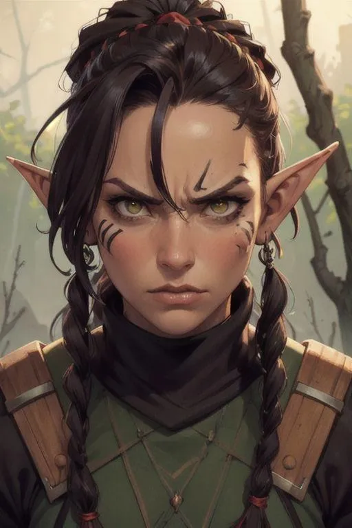 A fantasy elf female warrior with braided hair, wearing armor. An AI generated image using Stable Diffusion.