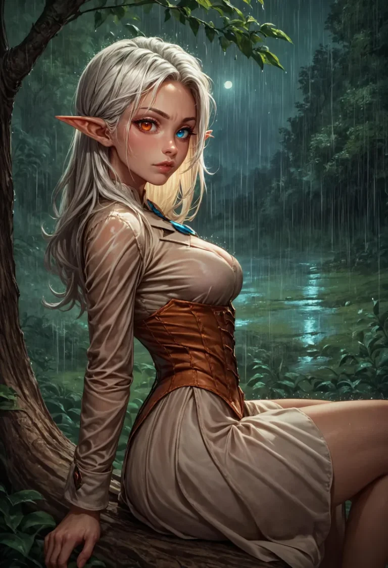 AI generated image of a fantasy elf with heterochromia, long white hair, wearing a brown corset dress, sitting on a tree branch in a magical forest with a full moon.