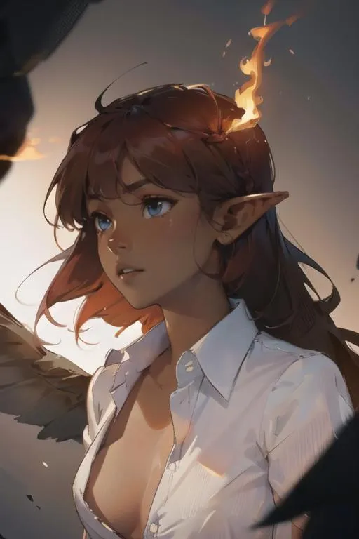 An AI generated image of a fantasy elf girl with pointed ears, blue eyes, and a crown of fire. The girl has long, auburn hair and is wearing a white shirt, with a pair of dark wings visible in the background.