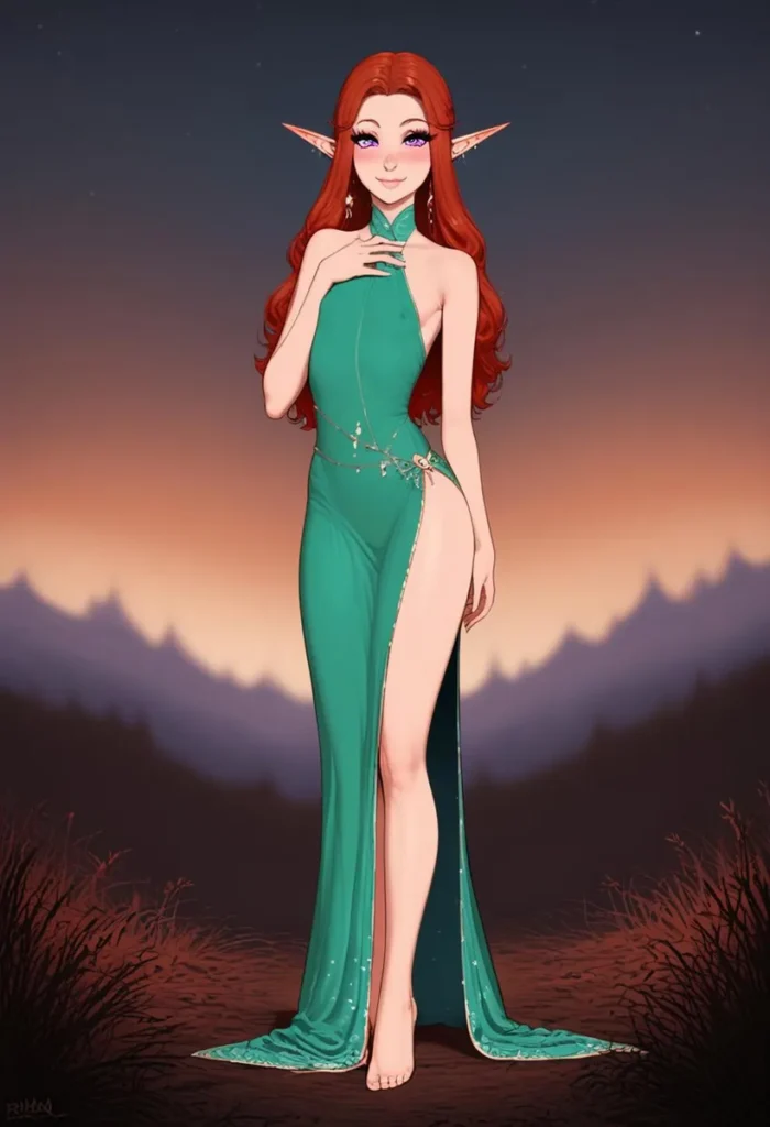 AI generated image of a fantasy elf with red hair and pointy ears, wearing a long green dress with a high slit.