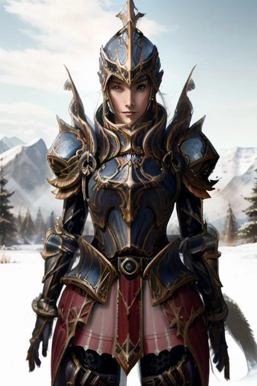 Fantasy armored female knight standing in a snowy landscape, AI generated using Stable Diffusion.