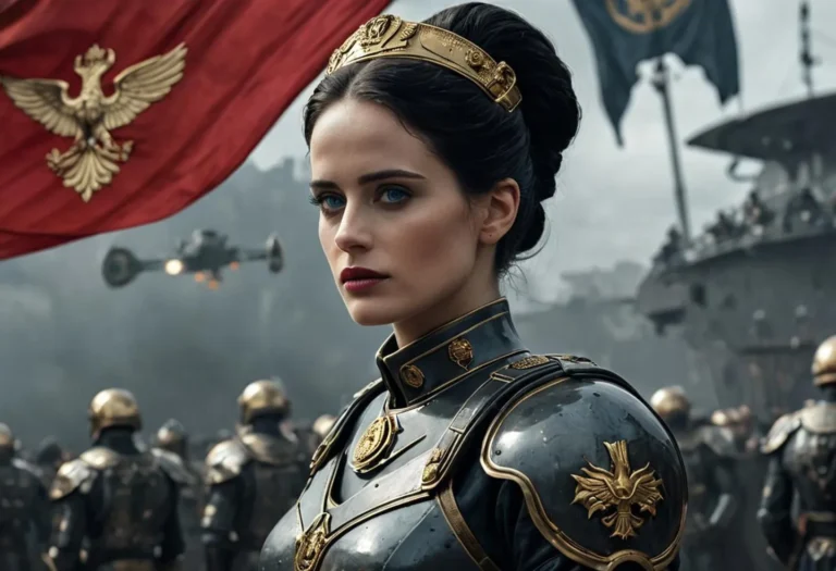 A fantasy warrior female with dark hair in elaborate medieval armor stands amidst a battleground holding a sword. Detailed, with a background of soldiers and flags, emphasizing AI-generated imagery using stable diffusion.