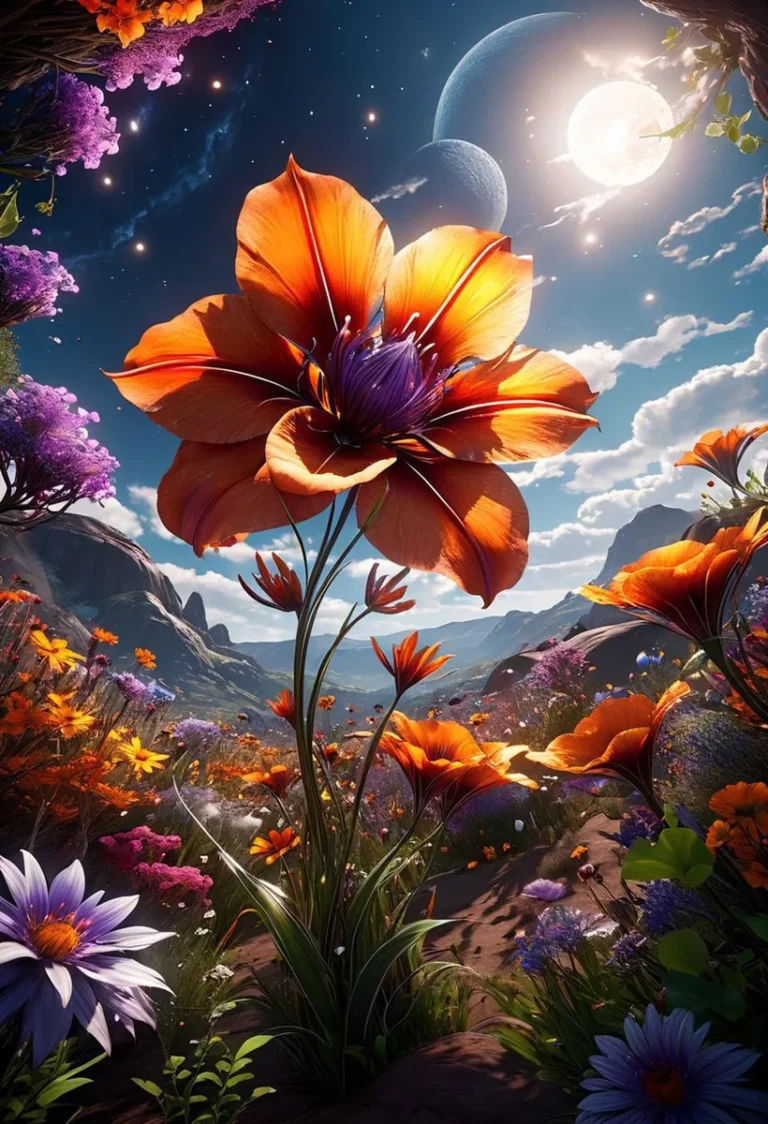 A stunning AI-generated fantasy flower with vibrant petals, surrounded by a cosmic landscape featuring moons, stars, and distant mountains. Created using Stable Diffusion.