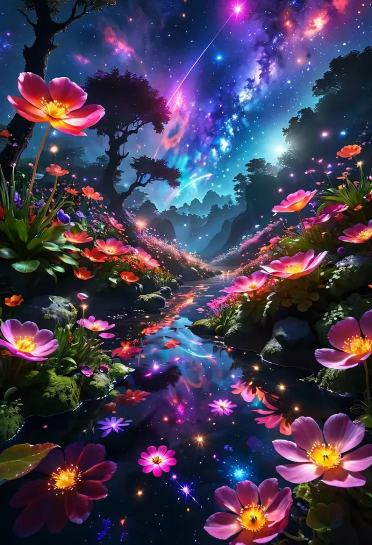 AI generated image using stable diffusion of a fantasy flower field under a vibrant and colorful night sky with stars and galaxies.