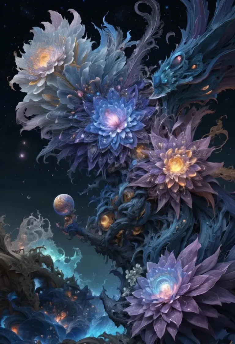 Intricate and colorful fantasy flowers set against a cosmic background, generated with Stable Diffusion AI.