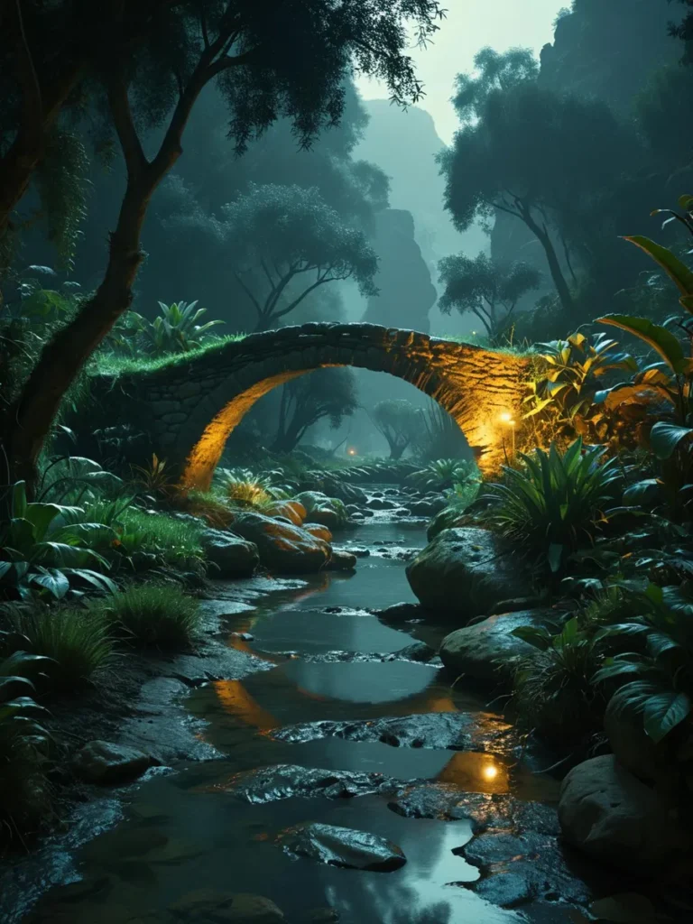 A mystical forest scene with an ancient stone bridge arching over a tranquil stream, created with AI using stable diffusion.