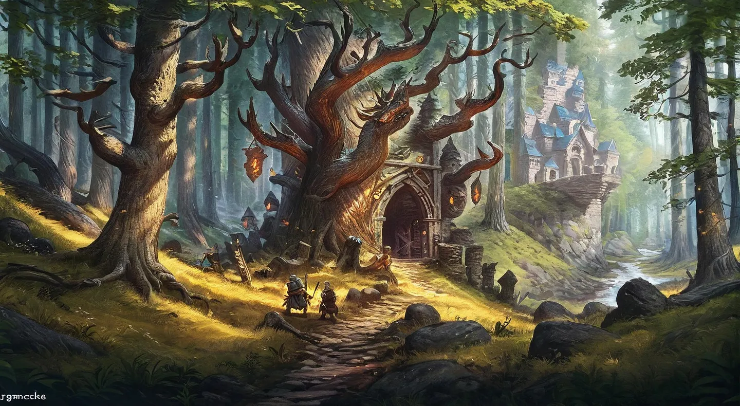 A fantasy forest is depicted with ancient, twisted trees and mossy rocks. An enchanted castle is visible in the background, and three adventurers approach a wooden door nestled within a giant tree. The scene is AI generated using Stable Diffusion.