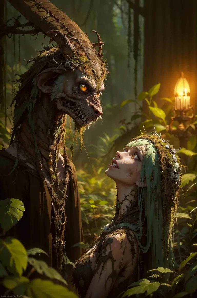 A dramatic AI generated image using stable diffusion showing a fantasy forest scene with a horned creature and a woman adorned with vines.