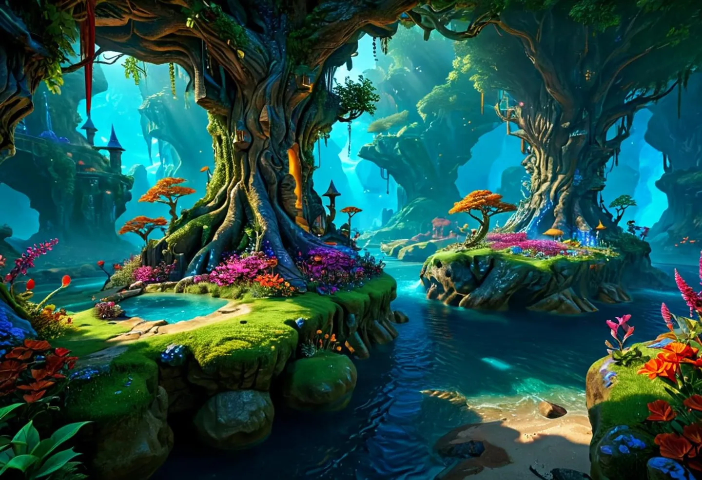 AI generated image using stable diffusion of a fantasy forest with gigantic, mystical trees, vibrant flowers, and a tranquil stream.
