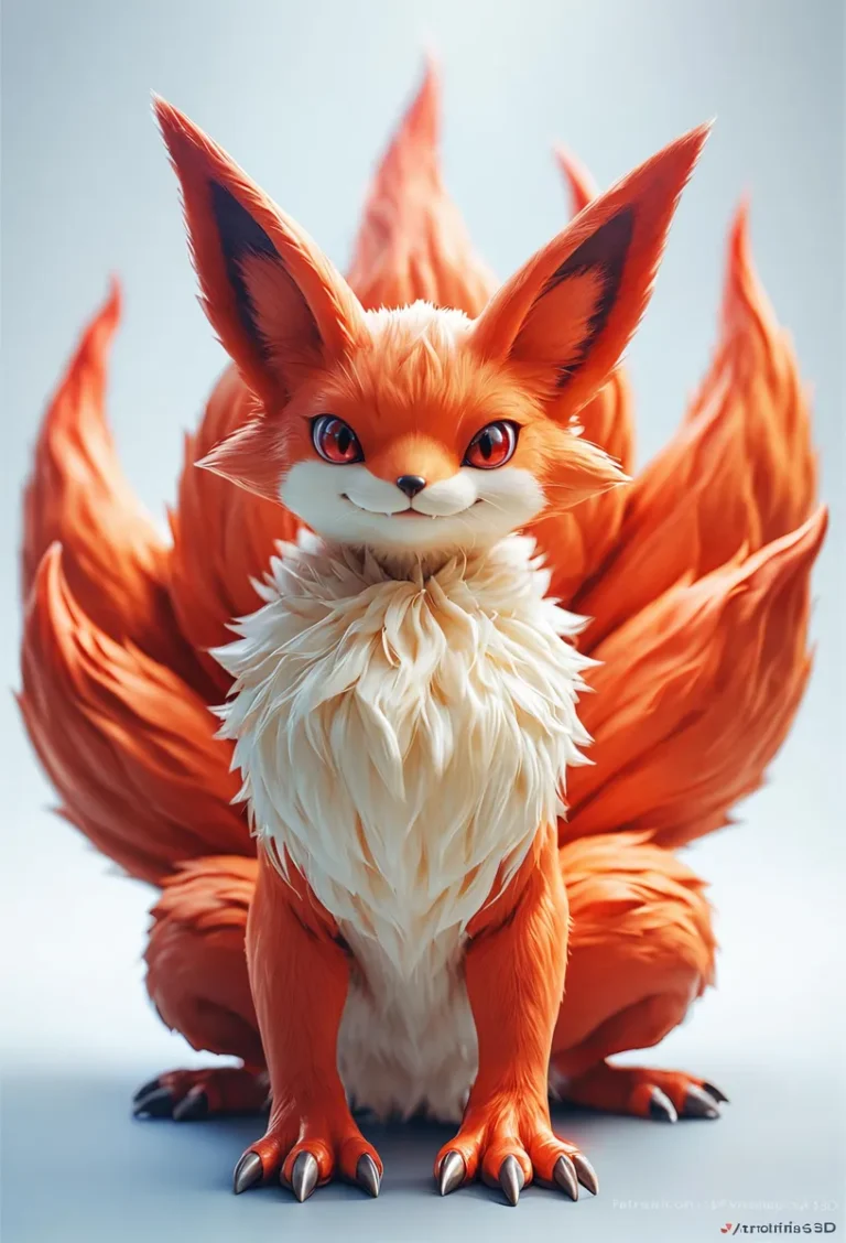 A highly detailed, AI-generated image of a majestic fox-like fantasy creature with multiple tails, created using Stable Diffusion.