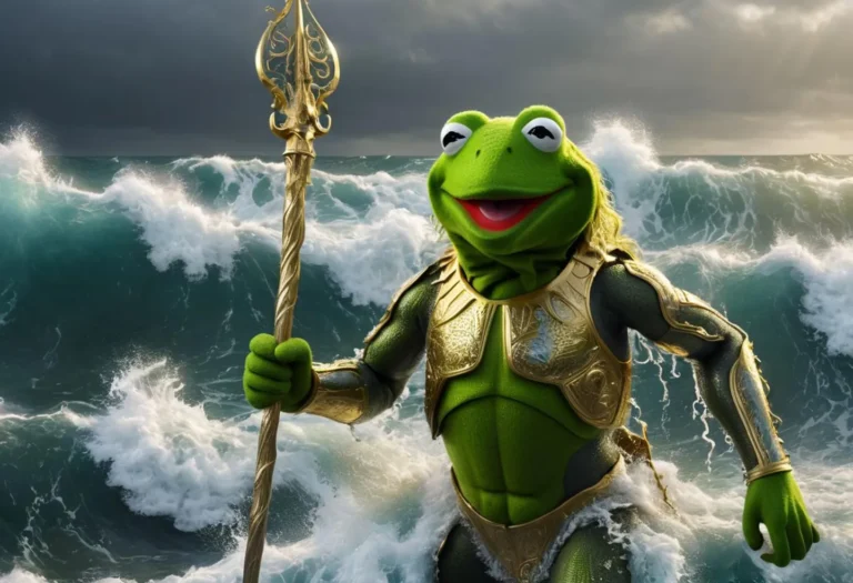 A fantasy frog character resembling Poseidon, wearing golden armor and holding a trident, standing in the ocean waves. AI generated image using Stable Diffusion.