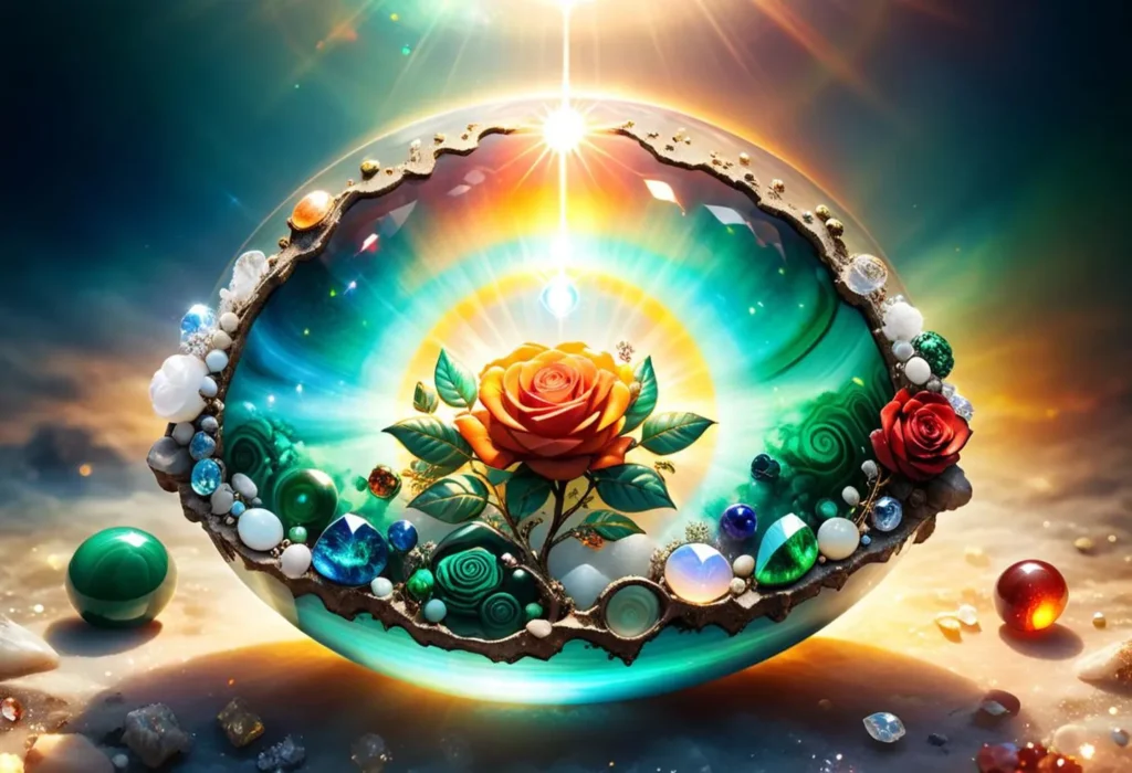 An AI generated image using stable diffusion depicting an enchanting fantasy scene featuring a glowing gem surrounded by flowers and mystical elements.