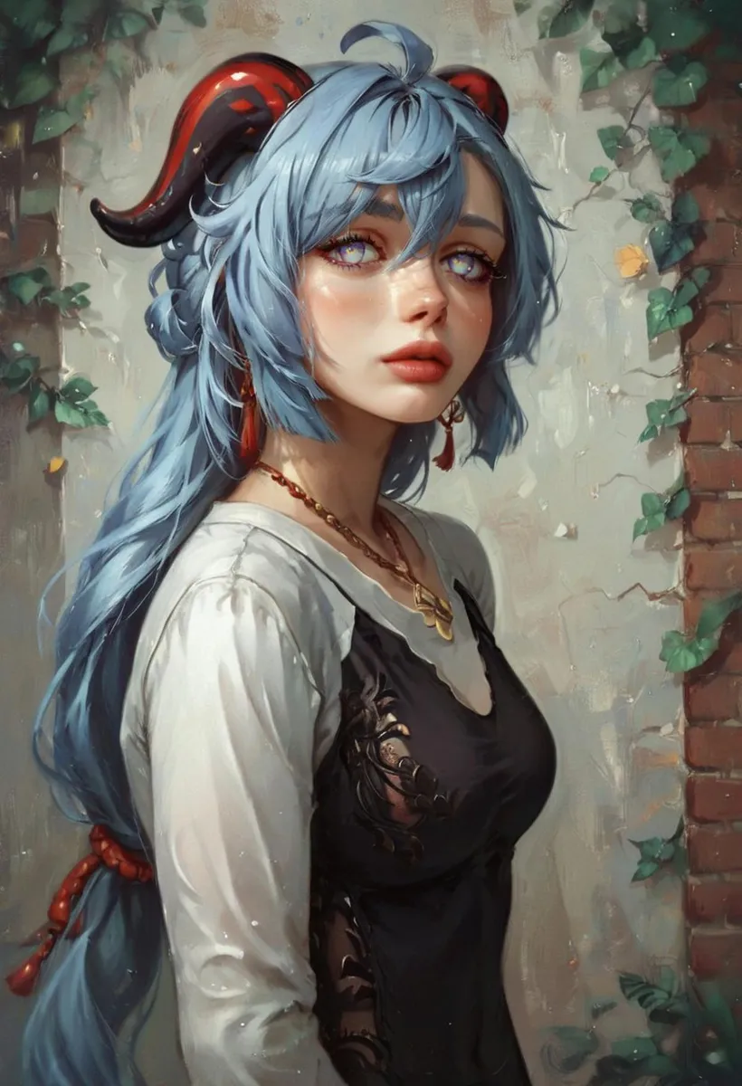 Fantasy girl with blue hair, red horns, and intricate outfit standing against a rustic wall with ivy, AI generated using Stable Diffusion.