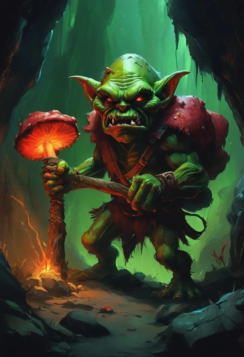 A green goblin with glowing red eyes stands in a dark cave, holding a glowing red mushroom staff. This is an AI generated image using Stable Diffusion.