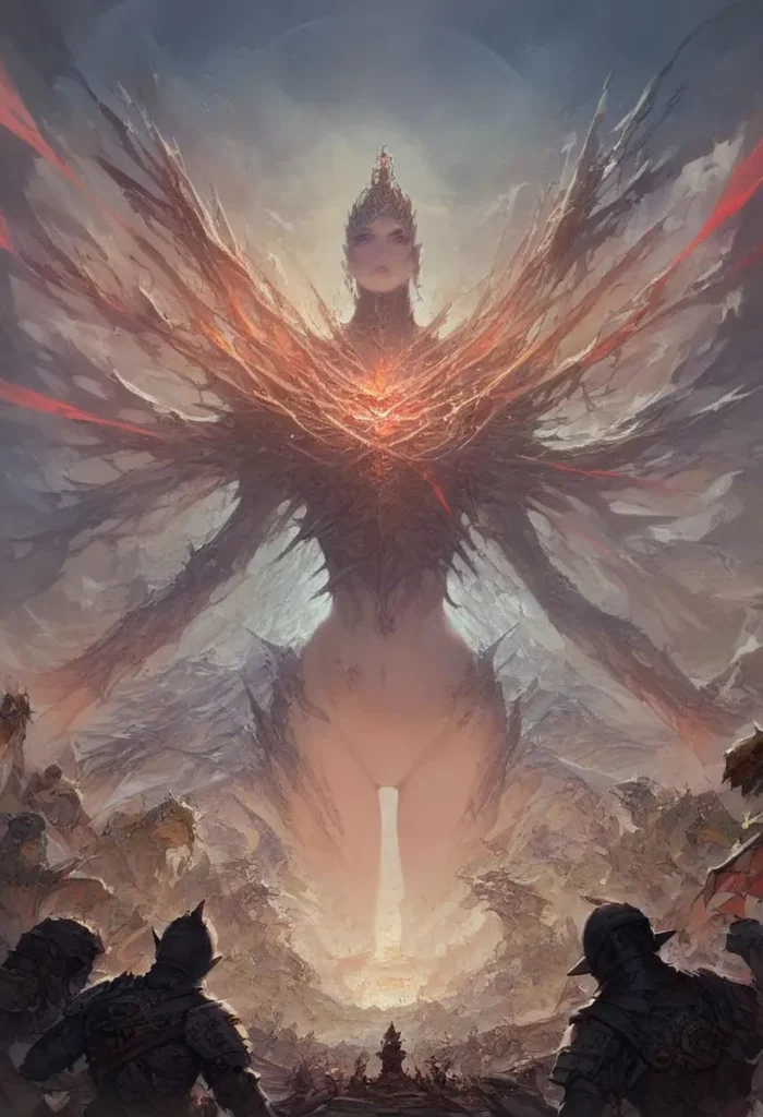 A fantasy goddess-like creature with radiant wings in an epic scene. This is an ai generated image using stable diffusion.