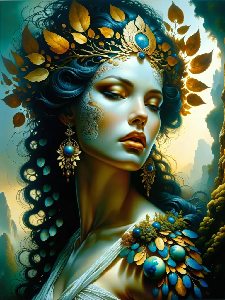 Fantasy goddess adorned with a golden leaf headpiece and intricate jewelry set in a mythical landscape, created using Stable Diffusion.