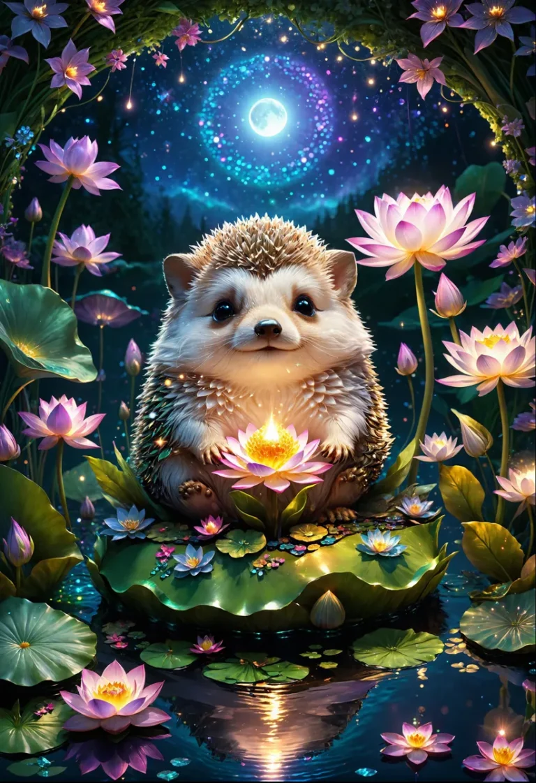 A whimsical hedgehog surrounded by glowing lotus flowers under a night sky created with Stable Diffusion.
