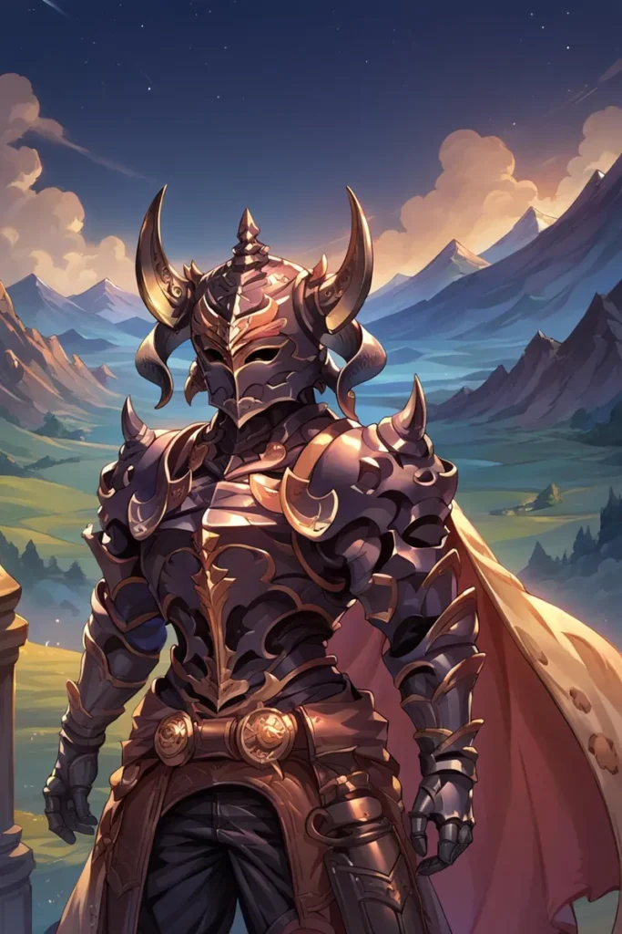 A fantasy knight in intricate, ornate armor with a mountainous landscape backdrop, an AI-generated image using Stable Diffusion.