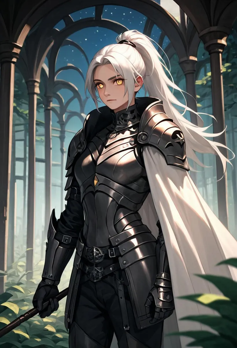 An AI generated image using Stable Diffusion depicting a female knight in black armor with white hair in a medieval-style corridor.