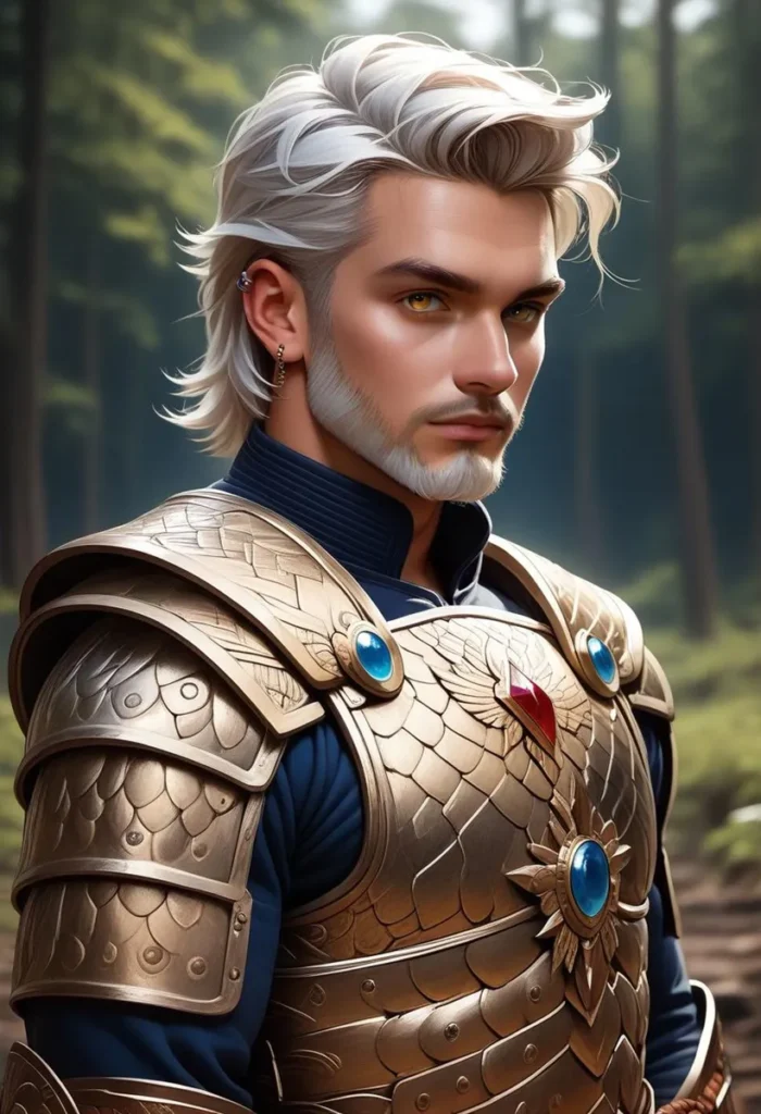 AI generated image using Stable Diffusion featuring a white-haired fantasy knight dressed in intricate gold armor with a forest background.