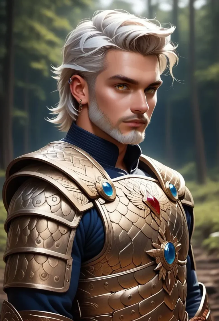 AI generated image using Stable Diffusion featuring a white-haired fantasy knight dressed in intricate gold armor with a forest background.
