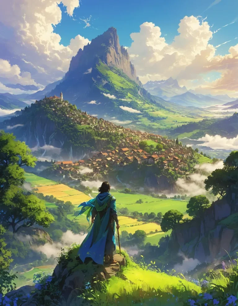 Fantasy landscape with an adventurer overlooking a valley filled with a village and a majestic mountain in the background. This is an AI-generated image using stable diffusion.