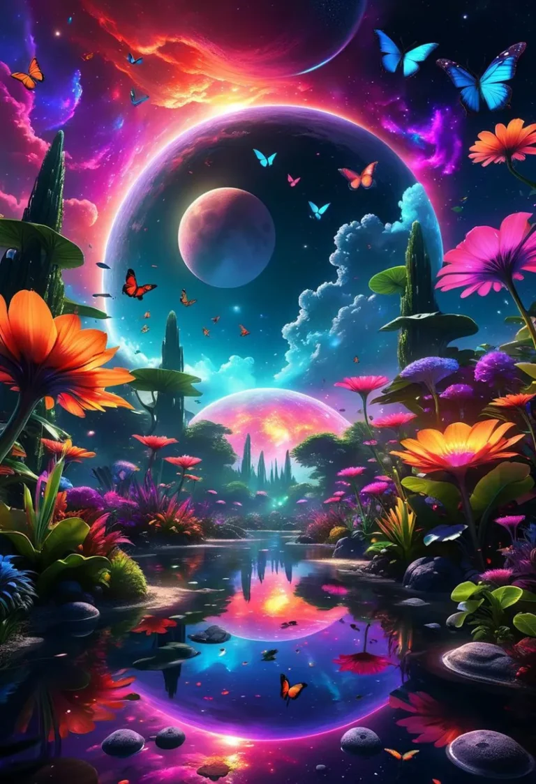 A fantasy landscape with vibrant, colorful flowers and butterflies under planets in the sky. This is an AI generated image using stable diffusion.
