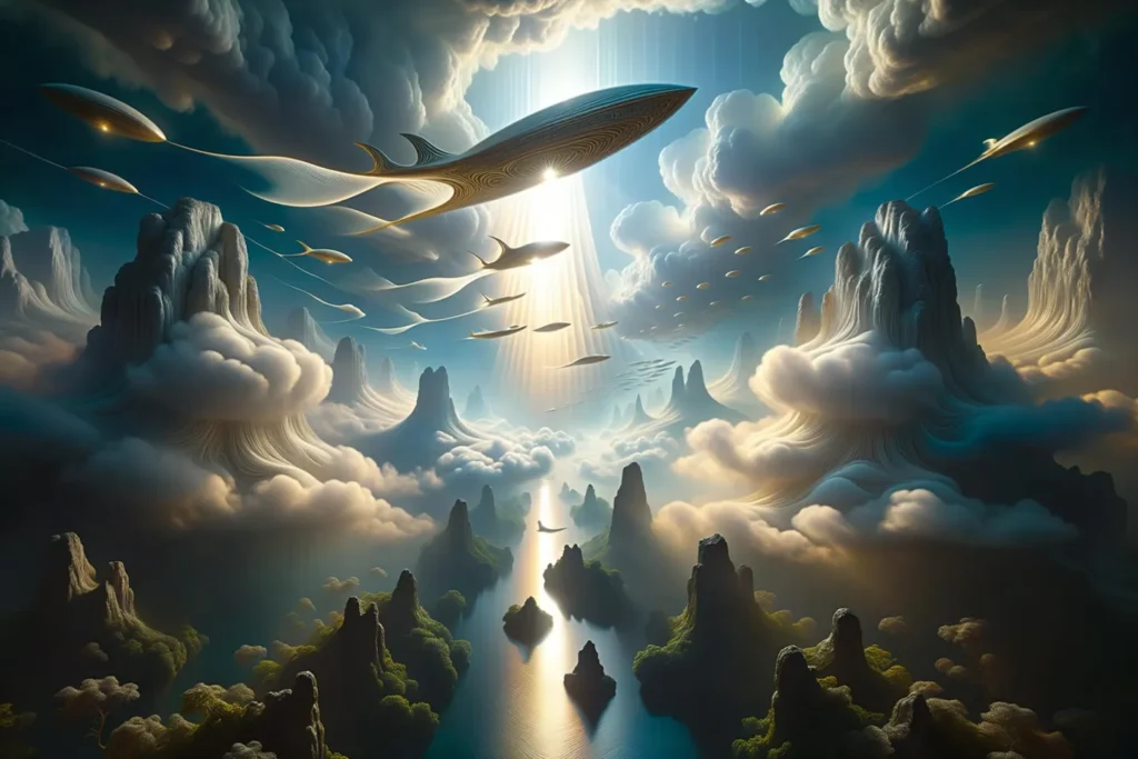 Surreal fantasy landscape with floating mountains and futuristic airships flying through clouds, AI generated using Stable Diffusion.