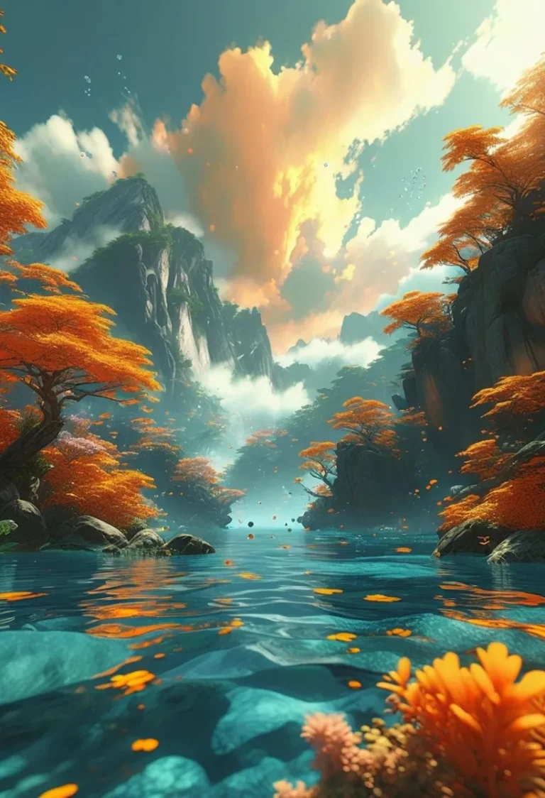Fantasy landscape of an autumn lake with vivid orange trees, majestic mountains, and serene blue water created using Stable Diffusion AI.