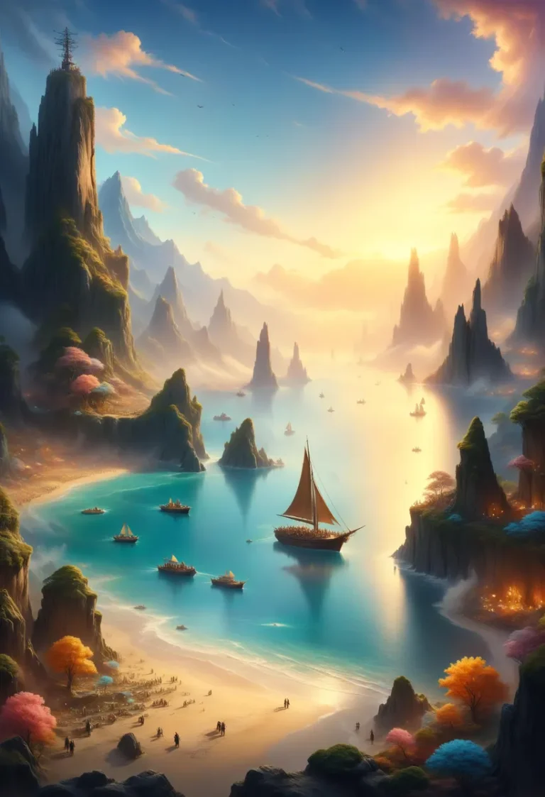 Fantasy landscape with a calm beach at sunset, showcasing distinct rock structures, sailing boats, and vibrant trees. AI generated image using Stable Diffusion.