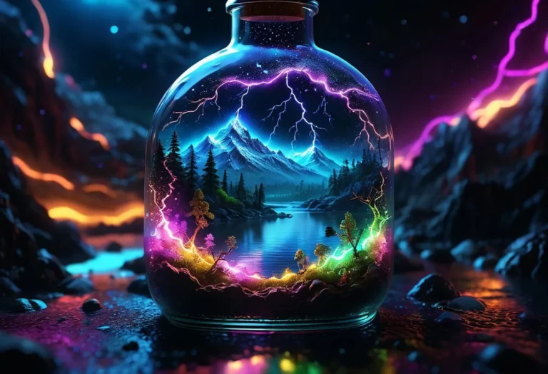 A fantasy landscape with mountains, trees, and a lake inside a bottle, surrounded by colorful lightning, created using Stable Diffusion.