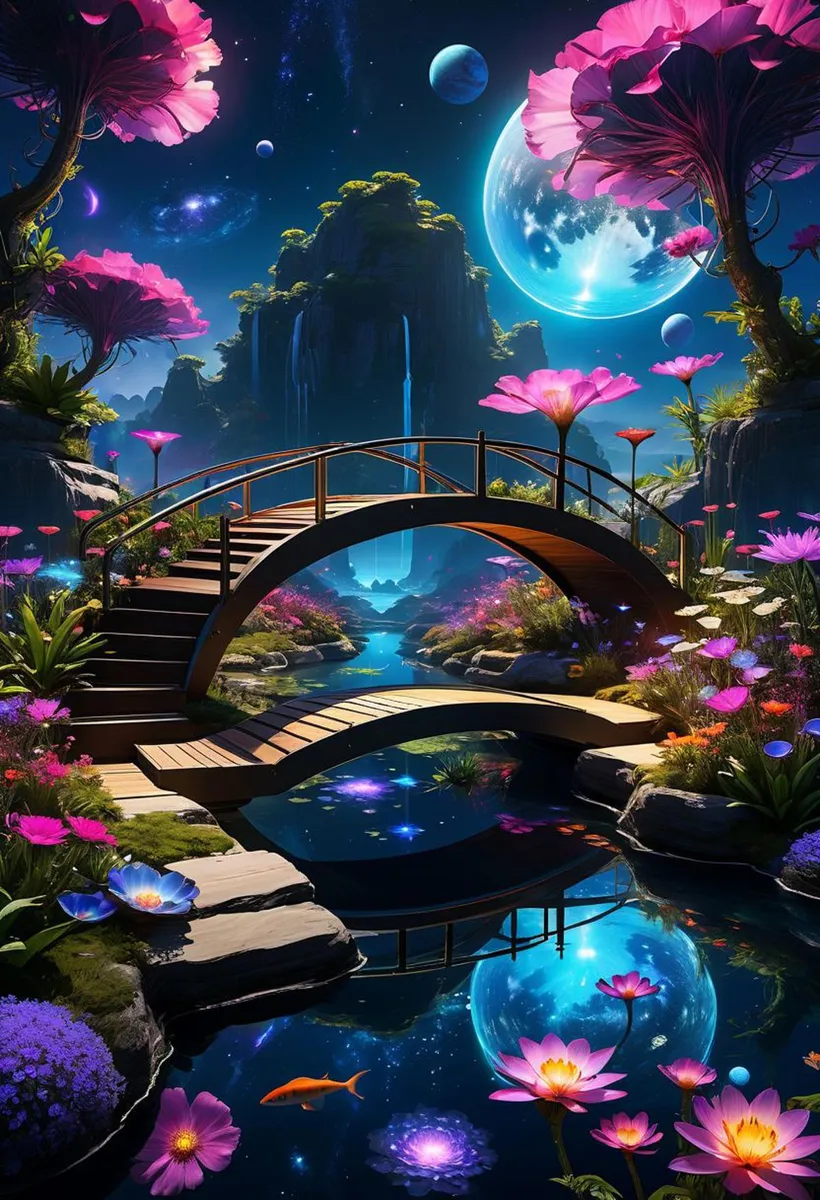 A fantasy landscape featuring an enchanted bridge over a serene river adorned with vibrant, glowing flowers under a sky filled with planets and galaxies, created using AI with Stable Diffusion.