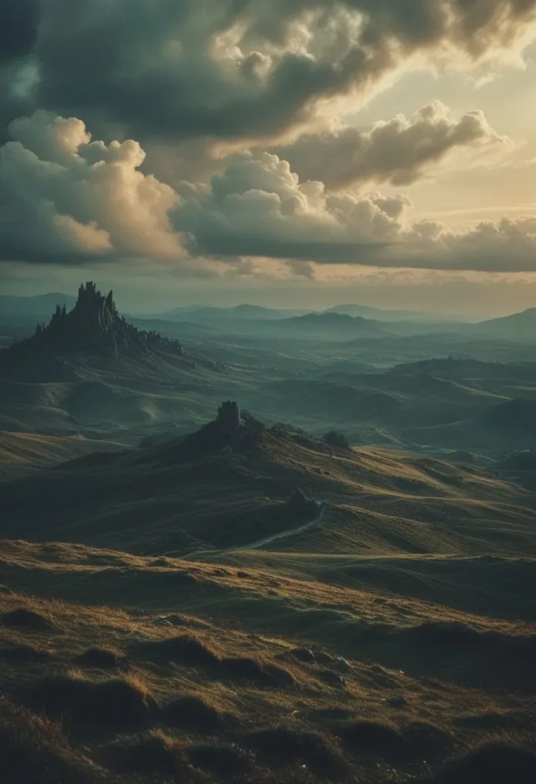 A fantasy landscape featuring a distant castle on a hill with dramatic, storm-like clouds in the sky. AI generated image using Stable Diffusion.