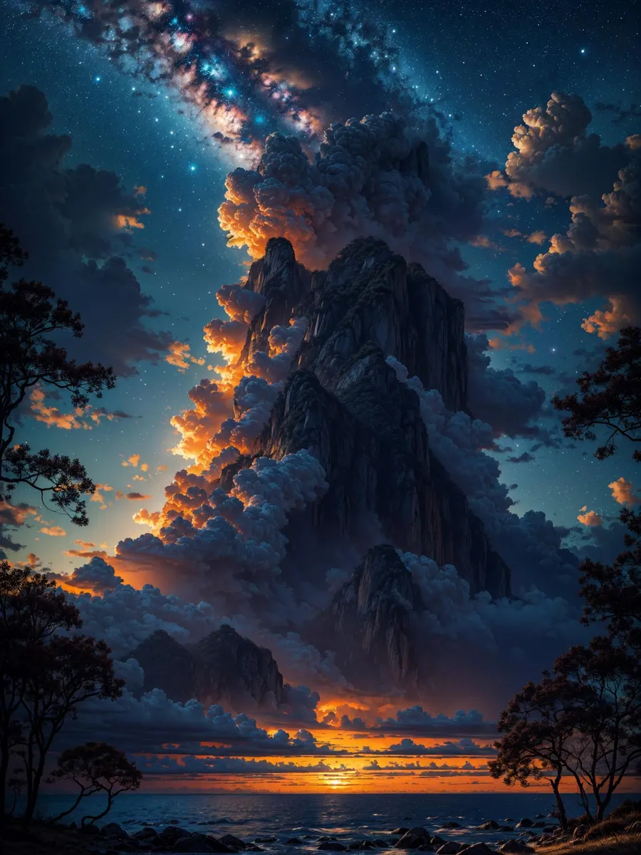 AI generated fantasy landscape with a towering mountain at sunset, vibrant cosmic sky with stars, trees, and clouds using Stable Diffusion.