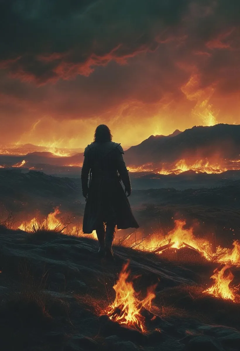 A nightmarish fantasy landscape scene generated by AI using stable diffusion, featuring a figure in dark attire facing a burning horizon, surrounded by fiery flames under ominous skies.