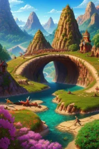 A vibrant AI-generated fantasy landscape featuring a large magical bridge, lush green mountains, and a crystal clear river using Stable Diffusion.
