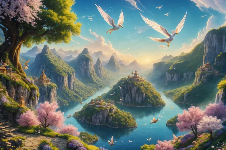 Serene fantasy landscape featuring majestic mountains, blooming cherry blossoms, and flying doves, created with AI using Stable Diffusion.