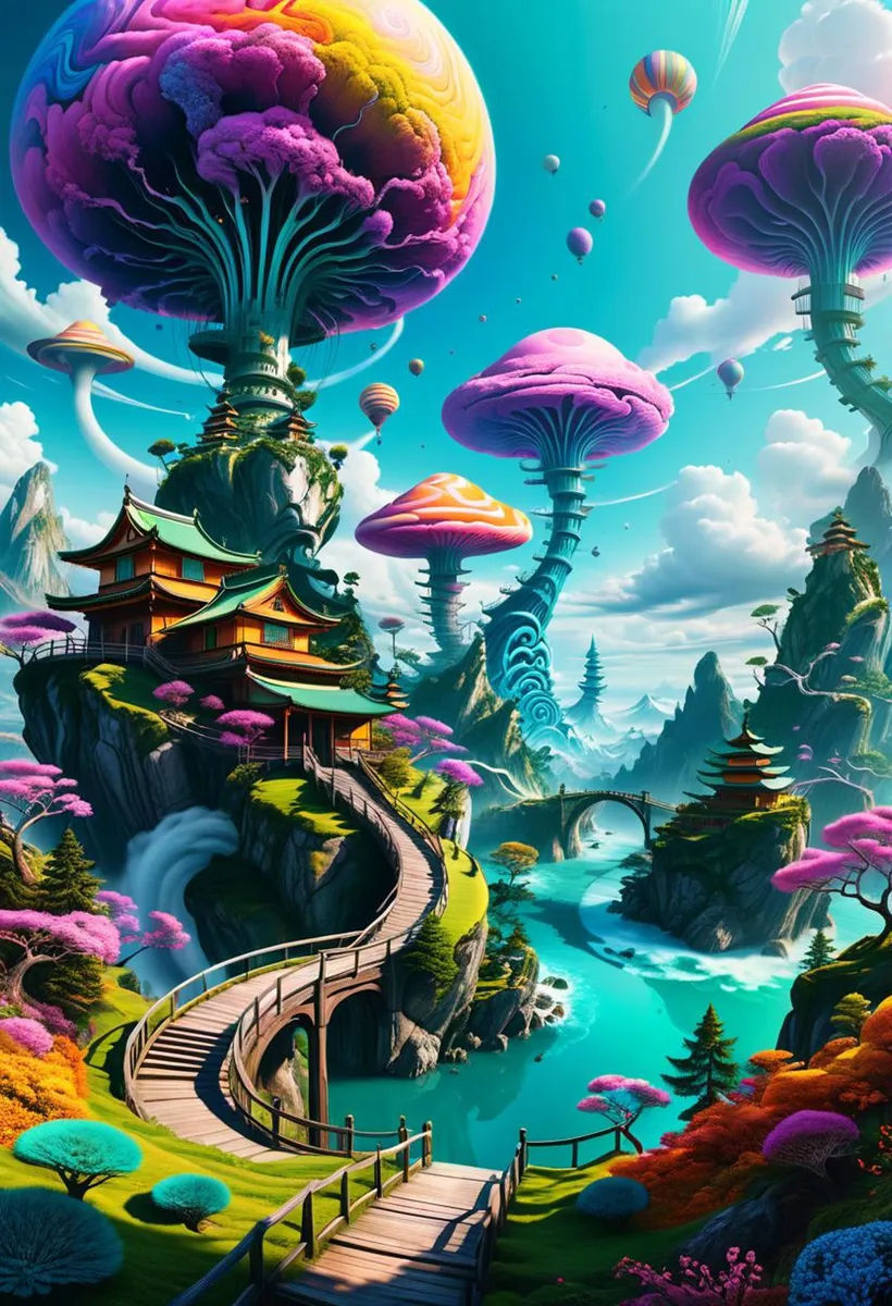 A vibrant fantasy landscape with enormous, colorful mushroom-like trees, traditional Asian-style buildings perched on cliffs, connected by winding pathways over a turquoise river; an AI generated image using Stable Diffusion.
