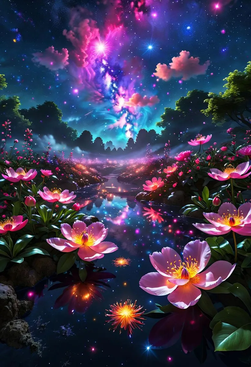 Beautiful fantasy landscape with a vibrant night sky and glowing water lilies, AI generated using Stable Diffusion.