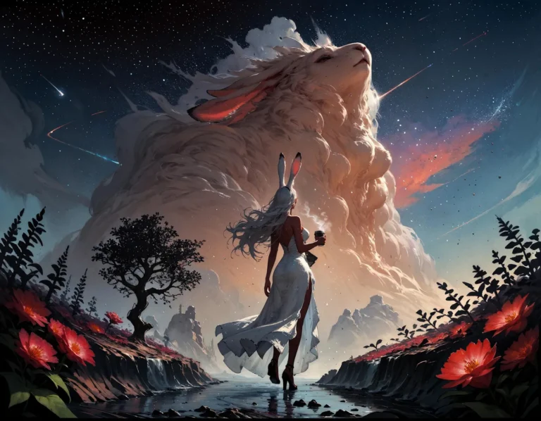A fantasy landscape with a giant rabbit in the background and a woman with bunny ears walking along a path, created using Stable Diffusion.