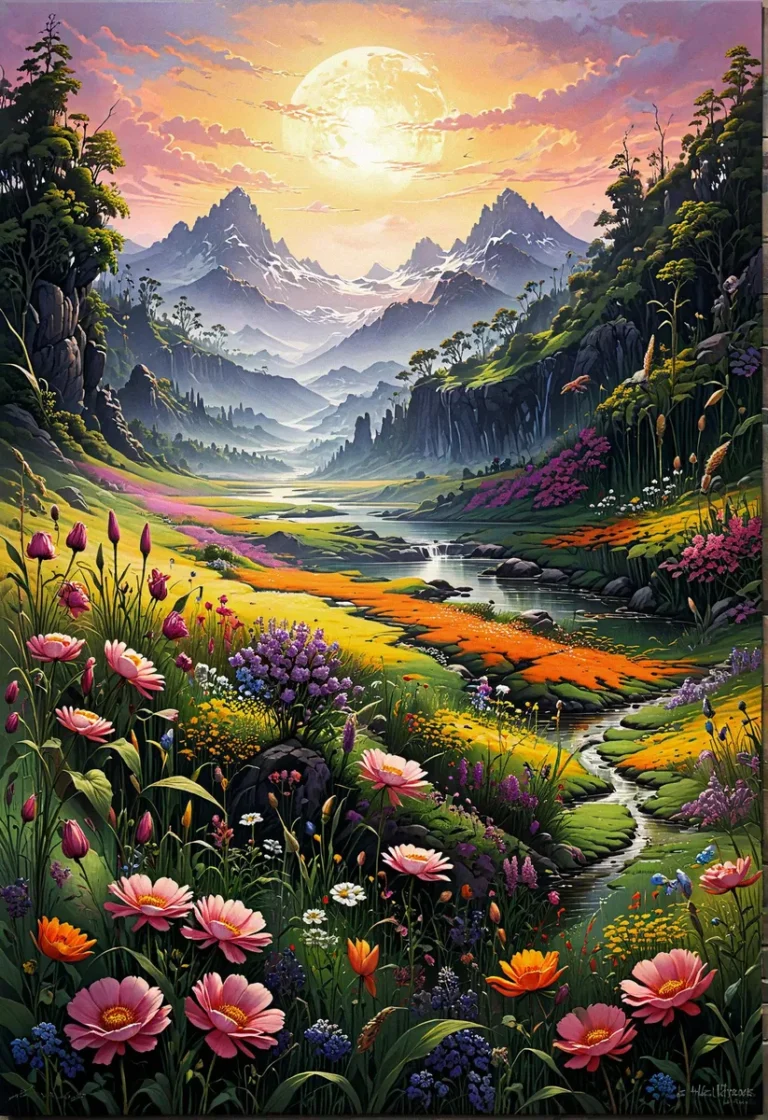 A fantasy landscape featuring vivid flowers, a meandering stream, rolling hills, and towering mountains. The sky is alive with vibrant hues as the sun sets in the background. This is an AI generated image using Stable Diffusion.