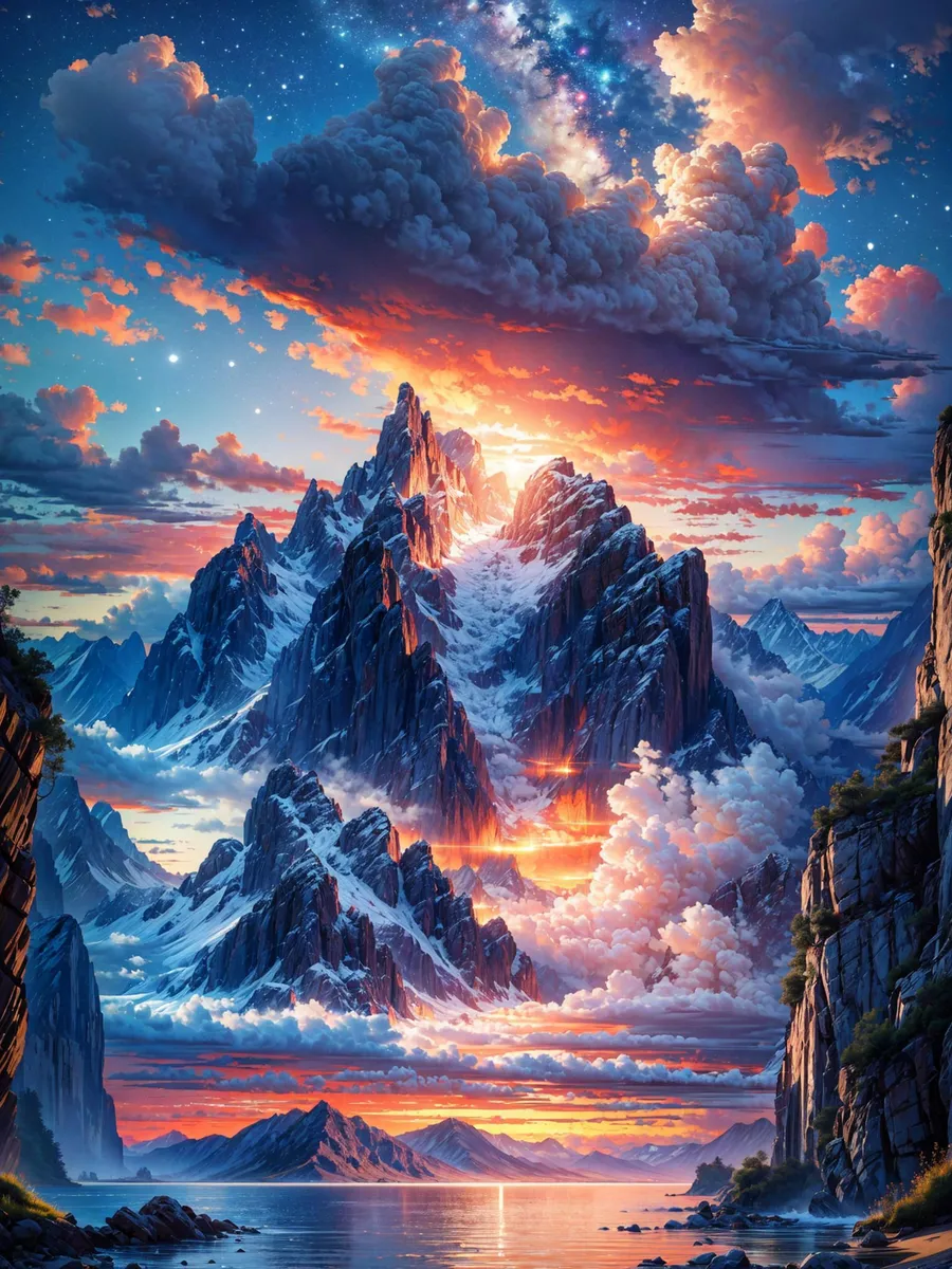 A fantastical, AI-generated image using Stable Diffusion. It depicts a majestic landscape with towering, snow-capped mountains bathed in the hues of a vibrant sunset. The sky is adorned with dramatic clouds and a dazzling array of stars.