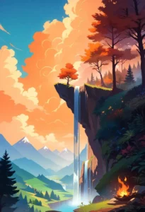 Fantasy landscape with a mountain waterfall, featuring vibrant colors, dramatic cliffs, and bright autumn trees. AI generated image using Stable Diffusion.